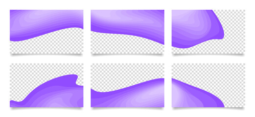 Set of violet presentation slides. Abstract business card templates with transparent space. Backgrounds with sharp wavy lines and gradient transition, dynamic fluid shape.