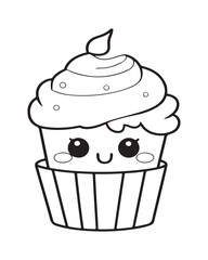 Cute Kawaii cupcake coloring Pages, Cupcake illustration, cupcake black and white, cupcake flat design, cake vector art