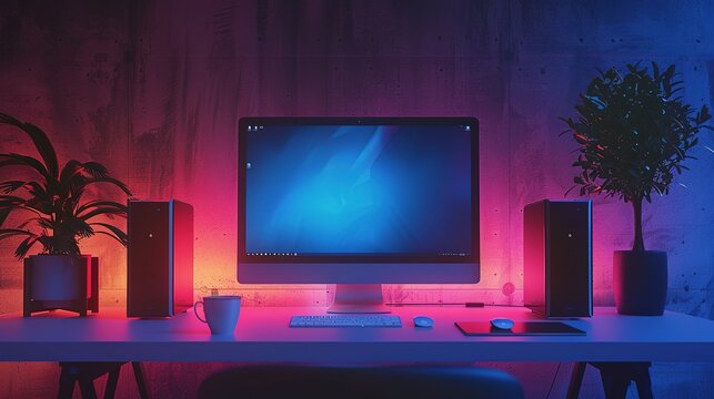 Empty monitor of PC dekstop at the modern workplace neons creen concept