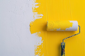 Roller brush with yellow paint on the wall