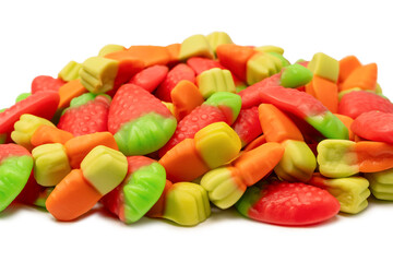 Assorted colorful gummy candies isolated on a white background.