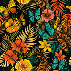 Seamless flowers .  Butterflies tropical pattern.