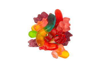 Assorted colorful gummy candies isolated on a white background. Top view. Jelly  sweets.