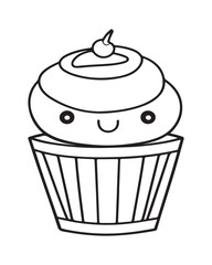 Cute Kawaii cupcake coloring Pages, Cupcake illustration, cupcake black and white, cupcake flat design, cake vector art