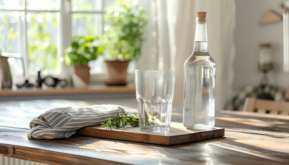 Board with bottle of water, glass and napkin on table in kitchen