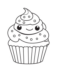 
Cute Kawaii cupcake coloring Pages, Cupcake illustration, cupcake black and white,  cupcake flat design, cake vector art.