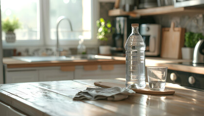Board with bottle of water, glass and napkin on table in kitchen - obrazy, fototapety, plakaty