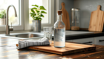 Board with bottle of water, glass and napkin on table in kitchen - obrazy, fototapety, plakaty