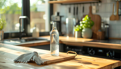 Fototapeta na wymiar Board with bottle of water, glass and napkin on table in kitchen