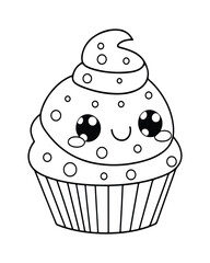 
Cute Kawaii cupcake coloring Pages, Cupcake illustration, cupcake black and white,  cupcake flat design, cake vector art.