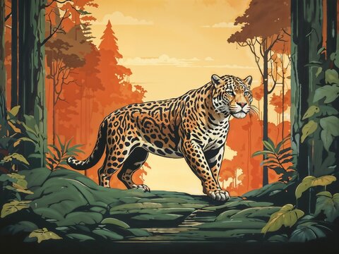 On&ccedil;a-pintada andando na floresta IA Generativa
