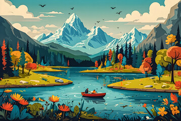 Transport viewers to a whimsical world where a character frolics by a mountain lake, surrounded by vibrant flora and fauna vector art illustration image.
