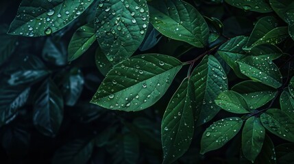 A moody and atmospheric photo capturing water drops on green leaves after a rain, set against a dark forest background