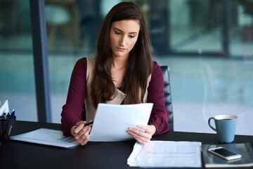 Paperwork, reading and business woman in office with pen for job promotion, onboarding or recruitment. Contract, career and female financial advisor with signature for company insurance document.
