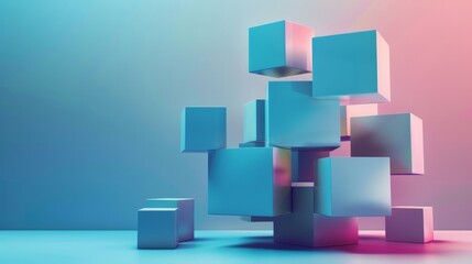 A modern abstract 3D render featuring a geometric design of cube shapes in a minimalistic style, creating a visually striking illustration