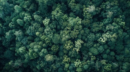 An aerial top view capturing the dense and vibrant green canopy of a forest, highlighting the concept of rainforest ecosystem and healthy environment - obrazy, fototapety, plakaty