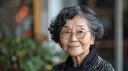 70 - year - old Chinese female grandmother, short black hair, glasses, dressed simply, with a smile on her face and friendly eyes - Powered by Adobe