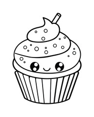 
Cute Kawaii cupcake coloring Pages, Cupcake illustration, cupcake black and white,  cupcake flat design, cake vector art.