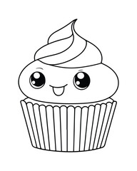 
Cute Kawaii cupcake coloring Pages, Cupcake illustration, cupcake black and white,  cupcake flat design, cake vector art.