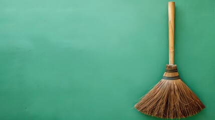 A single cleaning broom positioned against a vibrant green background, emphasizing simplicity and cleanliness
