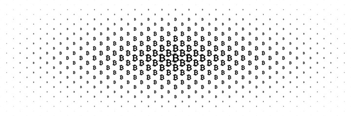 horizontal halftone spread from center of black bitcoin sign design for pattern and background. - obrazy, fototapety, plakaty