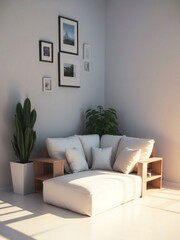 Modern minimalist living room corner with a cozy white sofa, framed wall art, and indoor plants in sunlight.