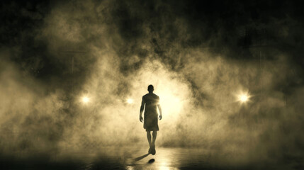 Silhouette of a basketball player walking against the background of a basketball hoop of smoke and sports spotlights. Sports background for design.