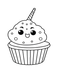
Cute Kawaii cupcake coloring Pages, Cupcake illustration, cupcake black and white,  cupcake flat design, cake vector art.