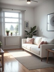 Cozy living room with a white sofa, wooden floor, and plants by the window, creating a warm, inviting space.