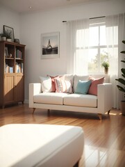 A cozy living room with a white sofa adorned with colorful pillows, a wooden bookshelf, and a large window with sheer curtains.