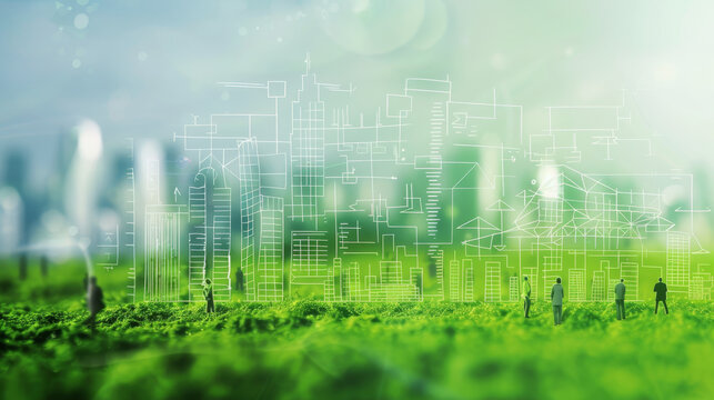 Abstract image of an eco-friendly building complex or residential area against a backdrop of green grass and nature.