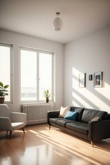 Naklejka na ściany i meble Bright and airy living room with modern furniture, large windows, and hardwood floors.