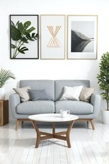 Modern living room interior with gray sofa, wooden coffee table, and decorative wall art.
