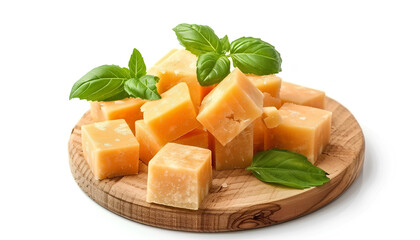Board with pieces of tasty cheddar cheese and basil on white background