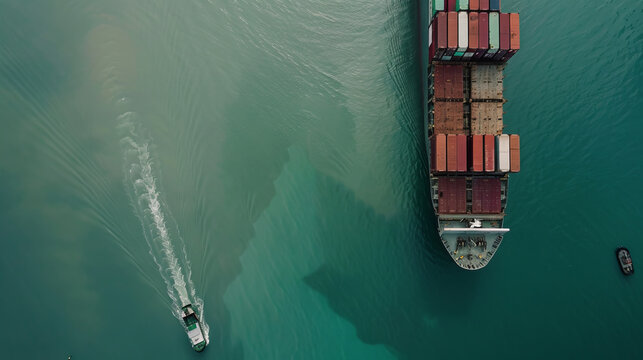 Aerial view of a huge container ship in the electric blue ocean