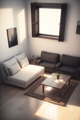 A cozy modern living room with a white sofa, two brown armchairs, wooden coffee table, and a small plant on the table.