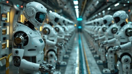 Fototapeta premium High-tech manufacturing facility with Sovereign AI controlling robotic arms, showcasing unmatched precision and reduced errors. Future of production. Sovereign AI driving robotic automation