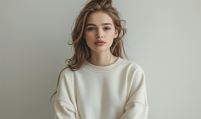 Beautiful young woman in a white sweatshirt for mock up on a white paper background. Clipping path