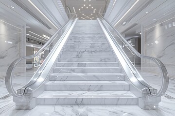 Luxurious Marble Staircase with Elegant Silver Railings in a Modern White-Themed Shopping Mall