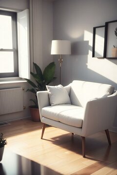Cozy living room corner with a stylish white armchair, floor lamp, and houseplant by the window, bathed in warm sunlight.