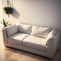 A modern white sofa in a minimalist living room with a hanging plant and wooden floor.