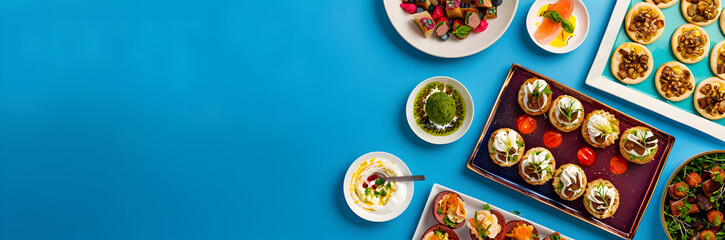 Mini appetizer catering showcase. Assortment of bite-sized treats displayed on a sophisticated blue background.