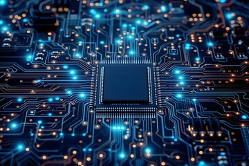 Fototapeta premium Circuit Board CPU Processor Microchip Starting Artificial Intelligence Digitalization of Neural Networking 
