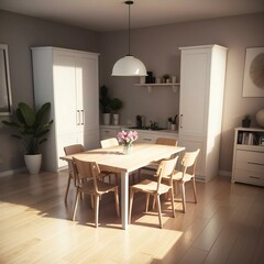 Modern dining room with wooden table and chairs, white cabinets, and a bouquet of flowers on the table, illuminated by natural light.