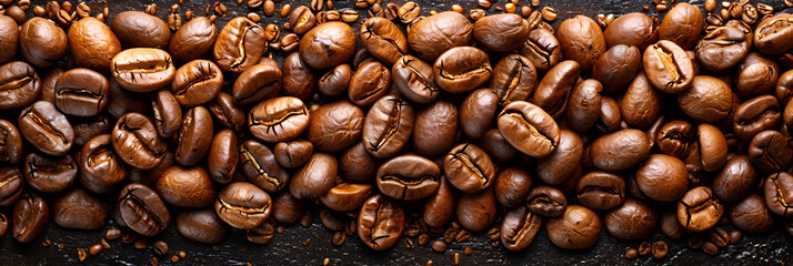 Top View Roasted Coffee Beans with Copy Space,
Closeup roasted coffee beans can be used as coffee products background used as a cafe or coffee product background
 - obrazy, fototapety, plakaty