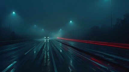 A dark, foggy night scene on an empty city highway with red backlight traces from vehicles, creating a mysterious and slightly eerie atmosphere.

 - obrazy, fototapety, plakaty