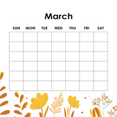 March. Calendar planner. Corporate week. Template layout, 12 months yearly, white background. Simple design for business brochure, flyer, print media, advertisement. Week starts from Monday