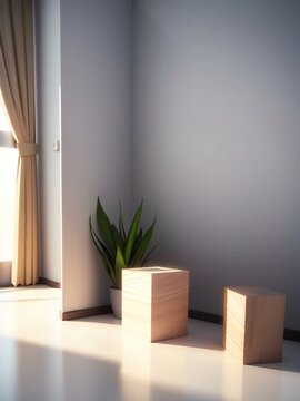 A minimalist interior with a plant on a wooden box next to a window with sheer curtains, bathed in soft sunlight.