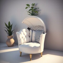 Elegant white armchair with a high backrest in a minimalist room, accompanied by green potted plants.