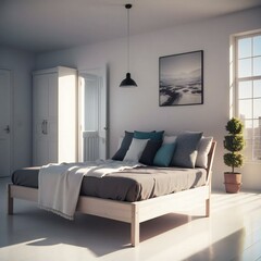 Fototapeta premium Modern bedroom with a minimalist design featuring a wooden bed, white bedding, and a large window letting in natural light.
